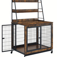 Furniture-Type Dog Cage With Iron Frame Door And Cabinet, Rustic Brown