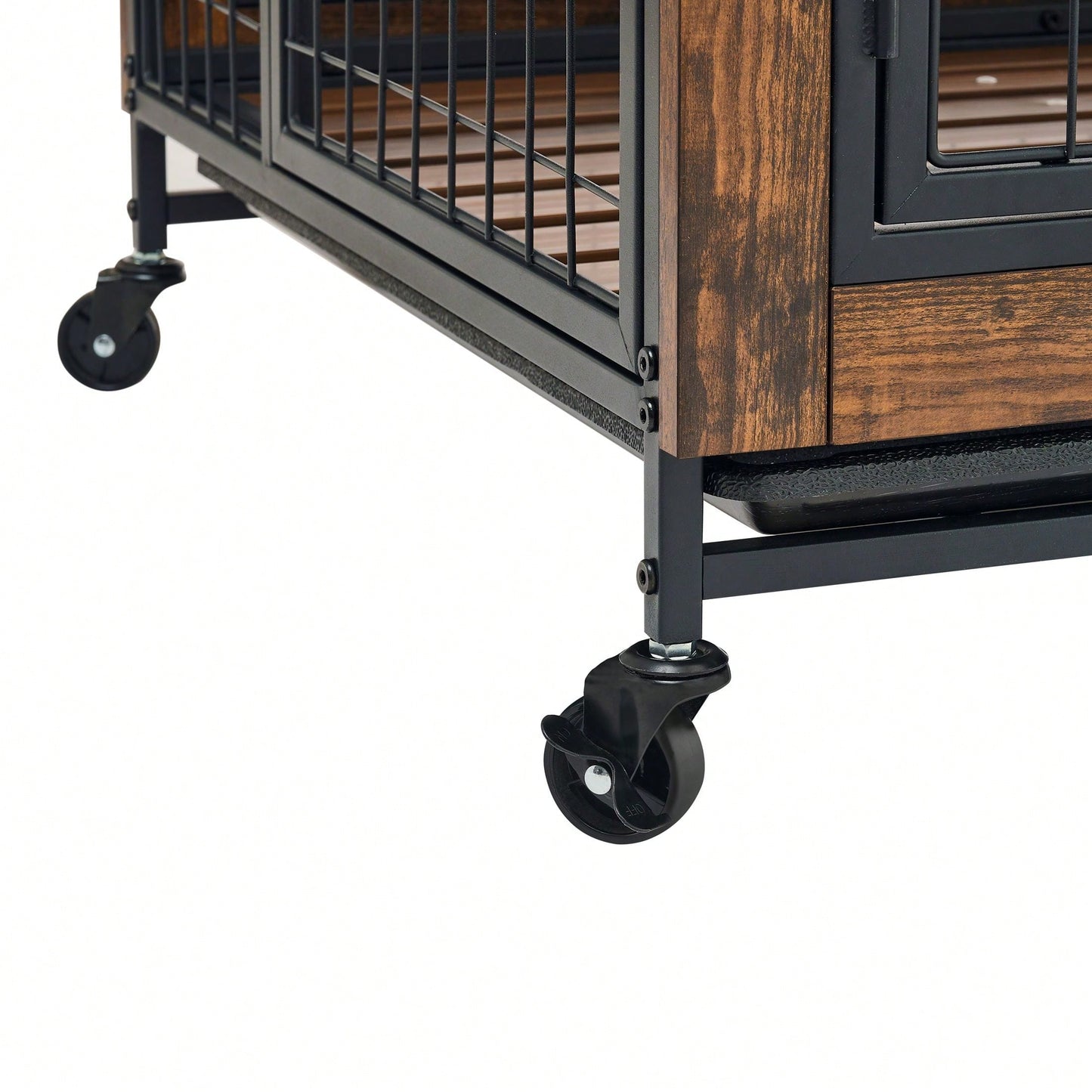 Furniture-Type Dog Cage With Iron Frame Door And Cabinet, Rustic Brown