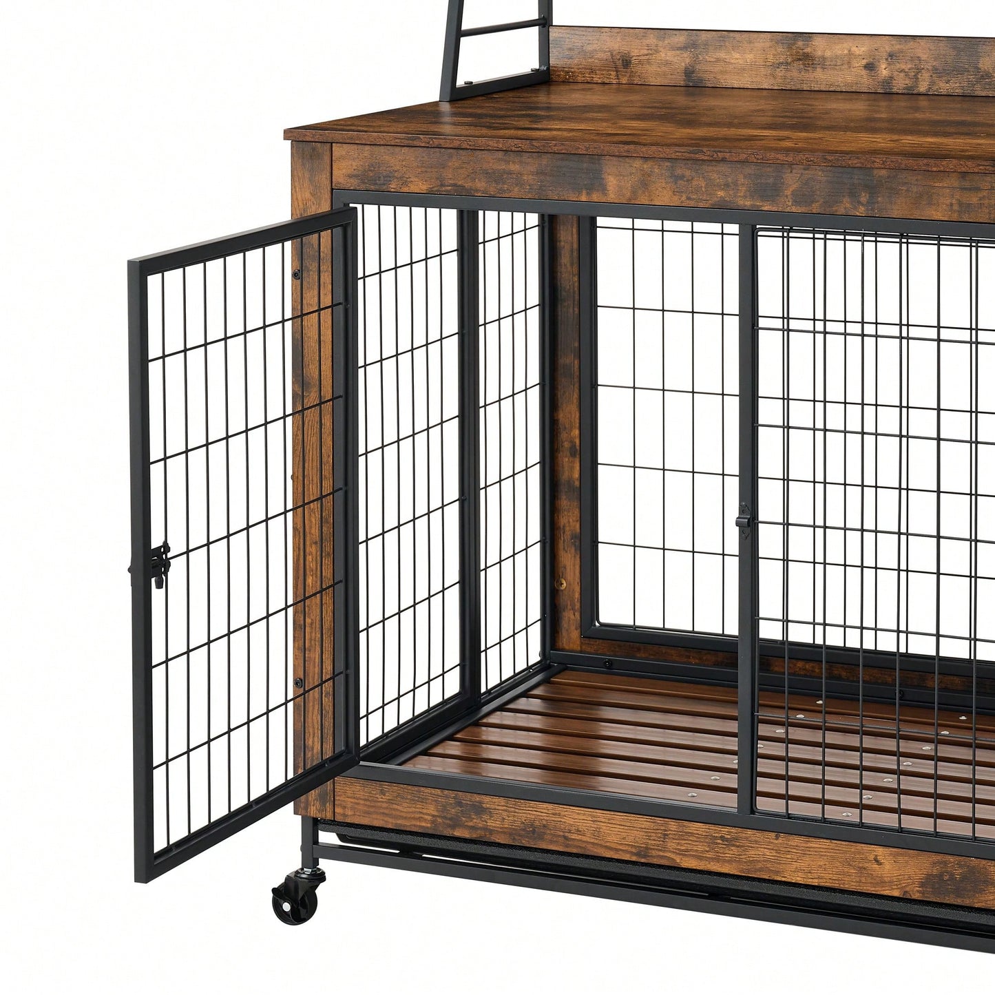 Furniture-Type Dog Cage With Iron Frame Door And Cabinet, Rustic Brown