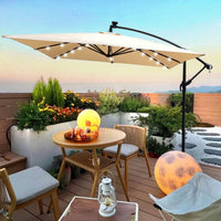 Solar Powered LED Outdoor Patio Umbrella with Crank and Cross Base Waterproof 8 Ribs for Garden Deck Pool Shade