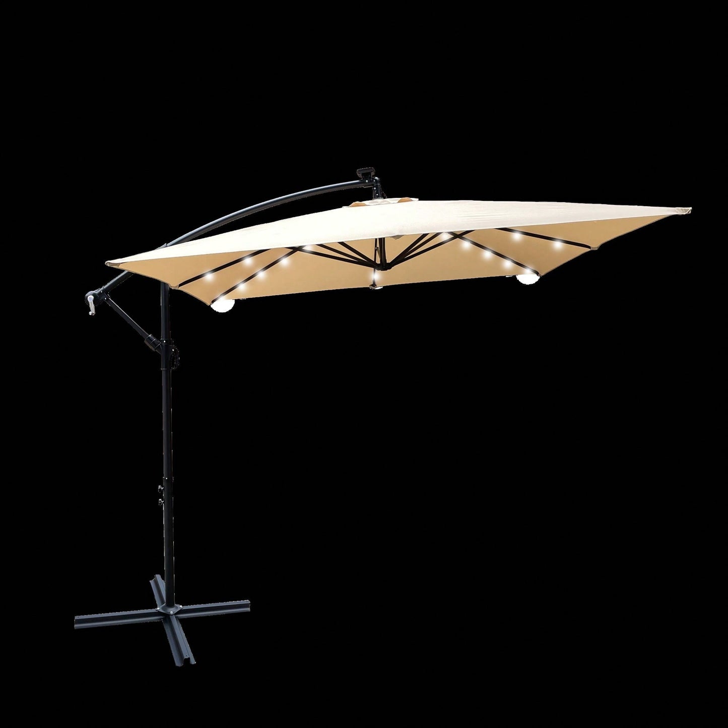 Solar Powered LED Outdoor Patio Umbrella with Crank and Cross Base Waterproof 8 Ribs for Garden Deck Pool Shade