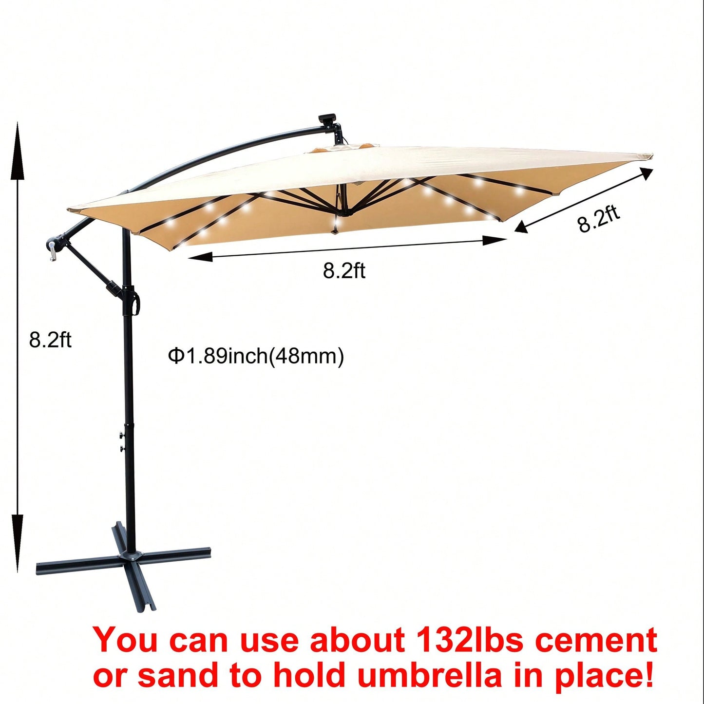 Solar Powered LED Outdoor Patio Umbrella with Crank and Cross Base Waterproof 8 Ribs for Garden Deck Pool Shade