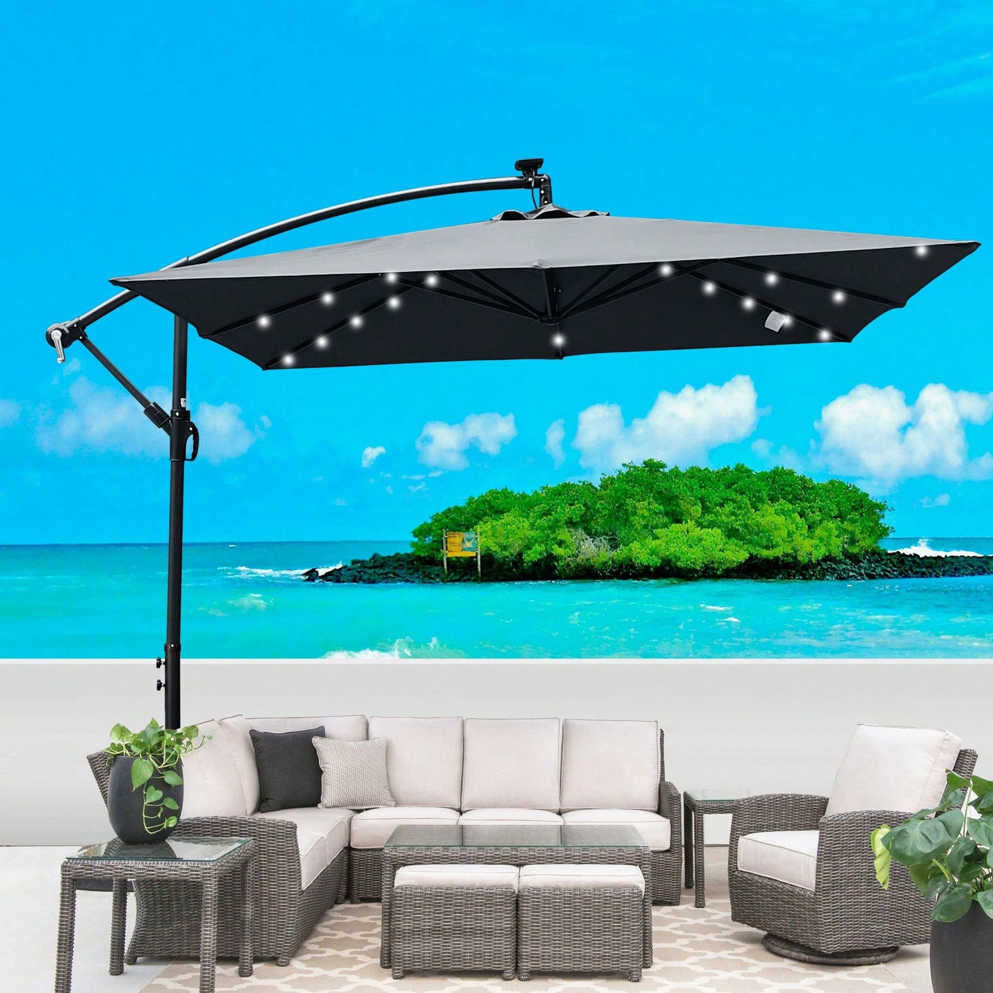 Solar Powered LED Outdoor Patio Umbrella with Crank and Cross Base Waterproof 8 Ribs for Garden Deck Pool Shade