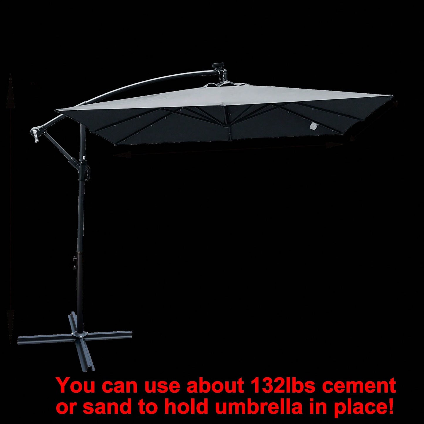 Solar Powered LED Outdoor Patio Umbrella with Crank and Cross Base Waterproof 8 Ribs for Garden Deck Pool Shade