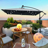 Solar Powered LED Outdoor Patio Umbrella with Crank and Cross Base Waterproof 8 Ribs for Garden Deck Pool Shade