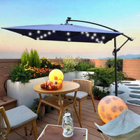 Solar Powered LED Outdoor Patio Umbrella with Crank and Cross Base Waterproof 8 Ribs for Garden Deck Pool Shade