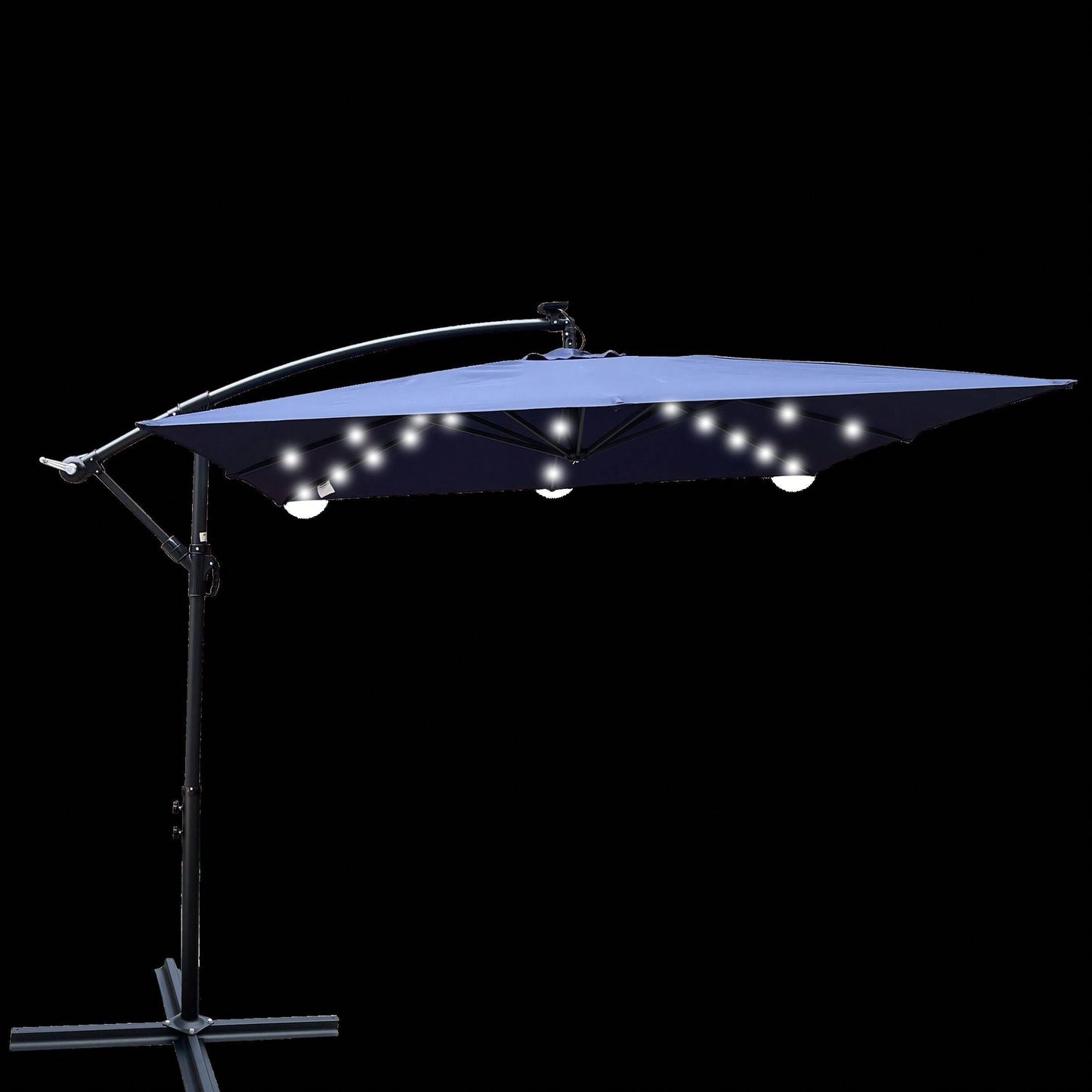 Solar Powered LED Outdoor Patio Umbrella with Crank and Cross Base Waterproof 8 Ribs for Garden Deck Pool Shade