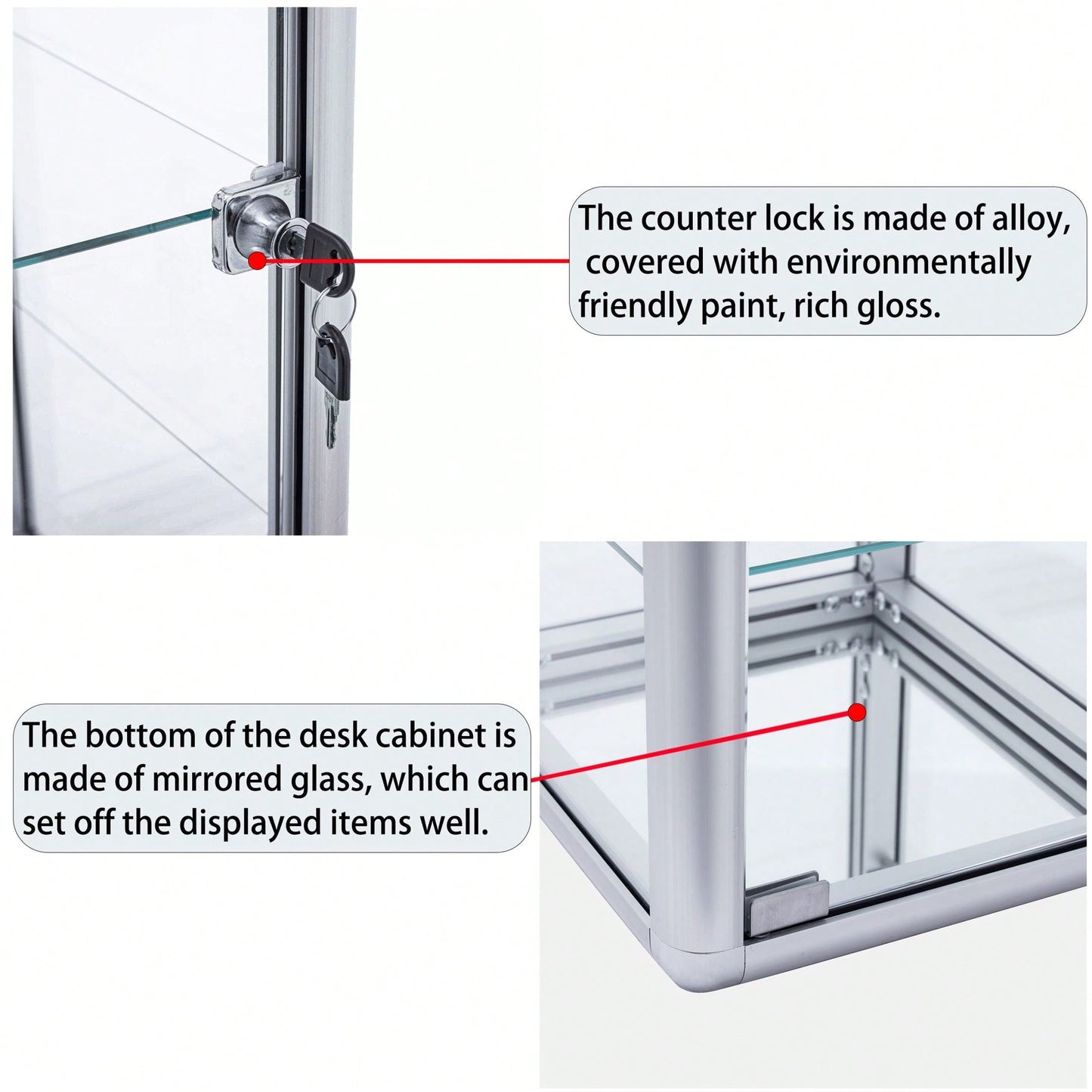 Tempered Glass Display Showcase with Locking Sliding Door and Aluminum Frame for Retail Countertop