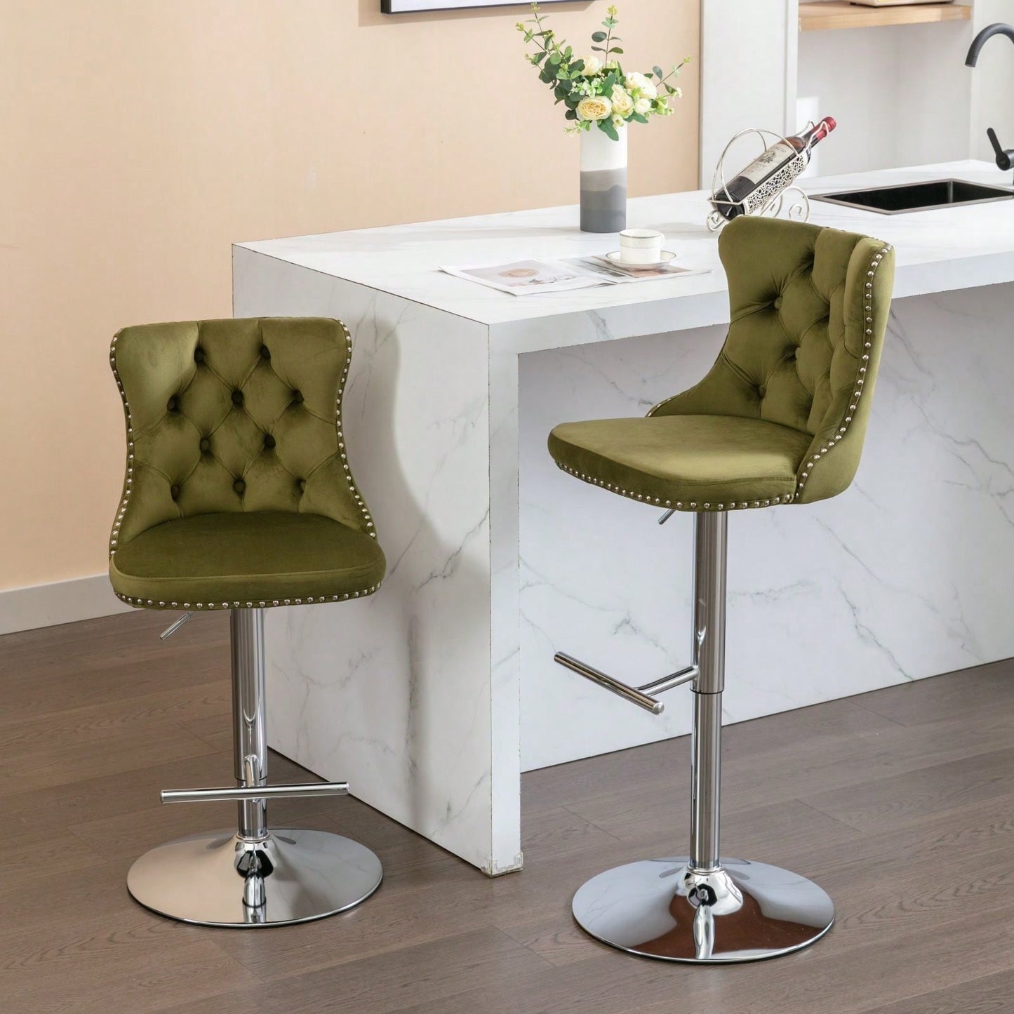 Set Of 2, Adjustable Seat Height Velvet Barstools With Backs, Modern Upholstered Chrome Base Bar Stools For Home Pub And Kitchen Island