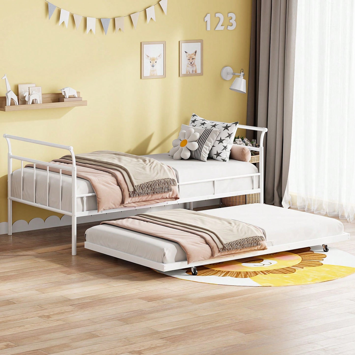 Curved Handle Design, Twin Size Trundle Bed, Durable Iron Construction, No Box Spring Needed