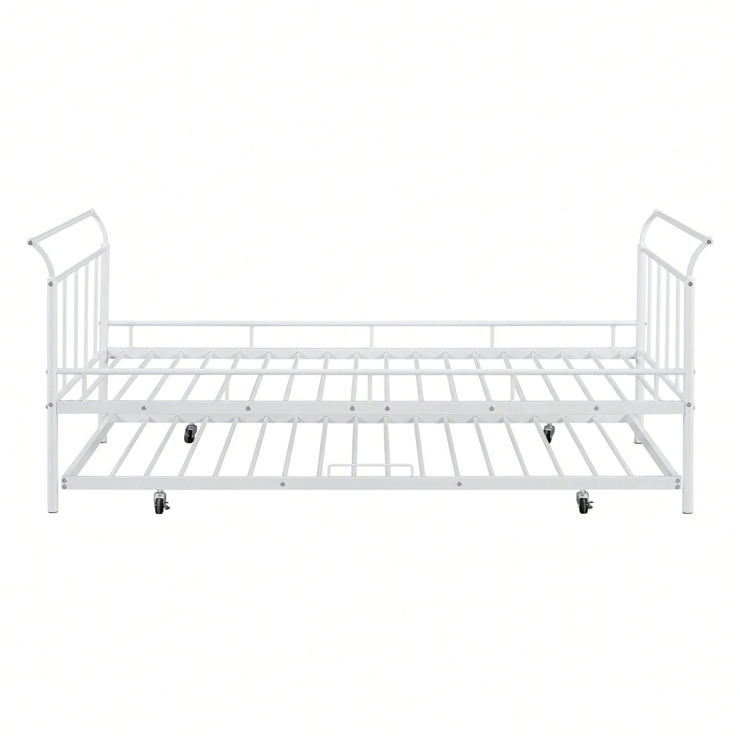 Curved Handle Design, Twin Size Trundle Bed, Durable Iron Construction, No Box Spring Needed