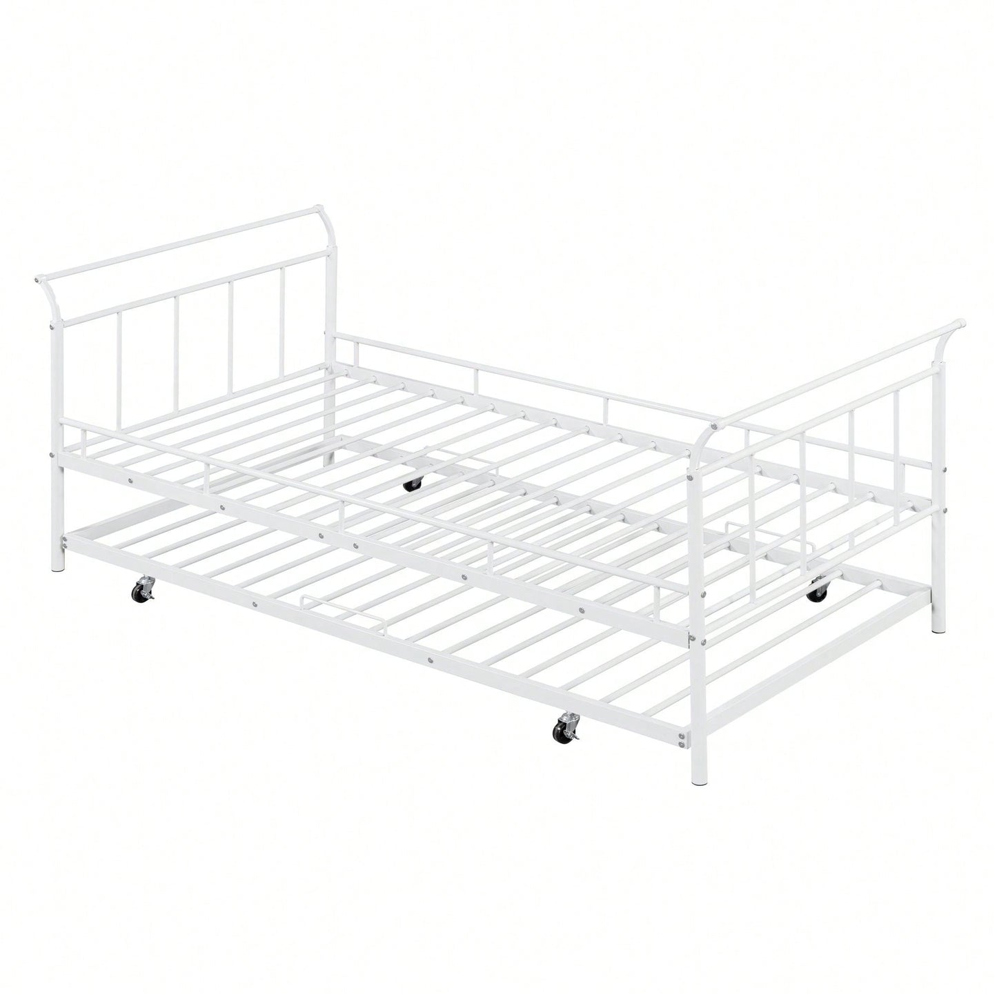Curved Handle Design, Twin Size Trundle Bed, Durable Iron Construction, No Box Spring Needed