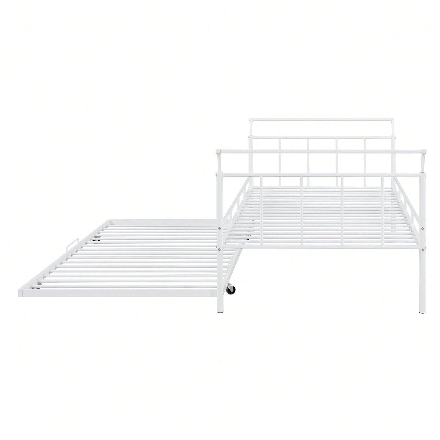 Curved Handle Design, Twin Size Trundle Bed, Durable Iron Construction, No Box Spring Needed
