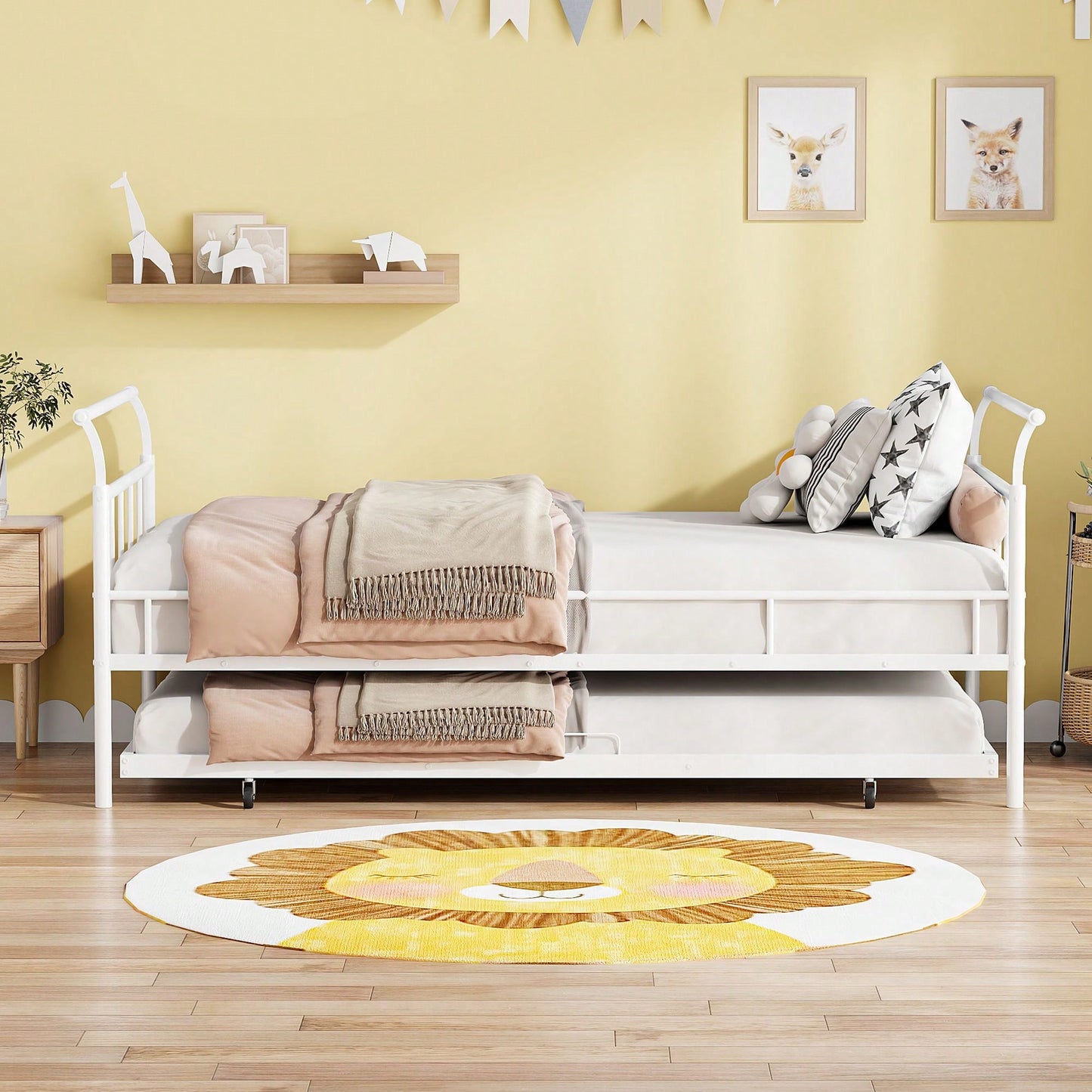 Curved Handle Design, Twin Size Trundle Bed, Durable Iron Construction, No Box Spring Needed