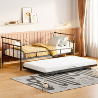 Curved Handle Design, Twin Size Trundle Bed, Durable Iron Construction, No Box Spring Needed
