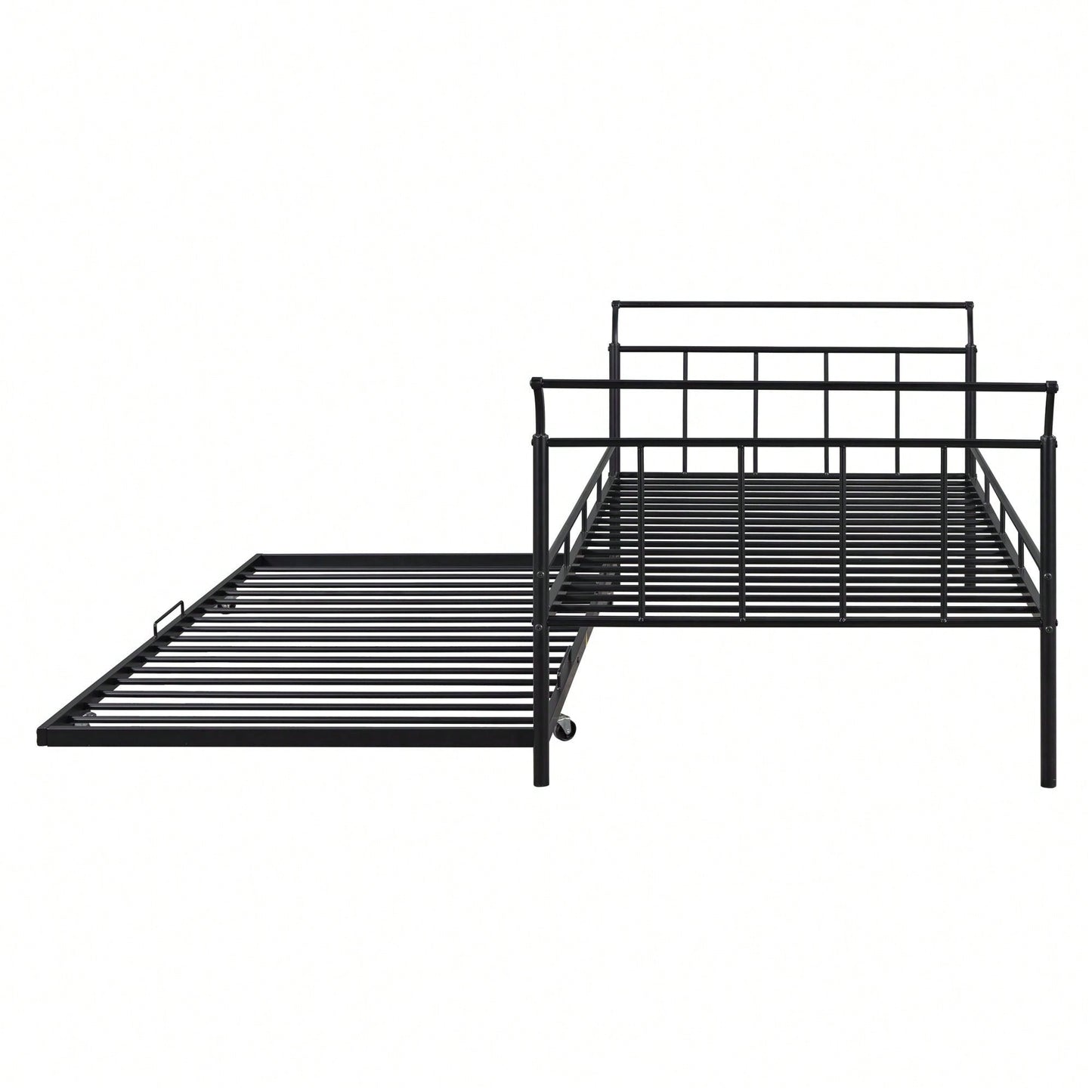 Curved Handle Design, Twin Size Trundle Bed, Durable Iron Construction, No Box Spring Needed