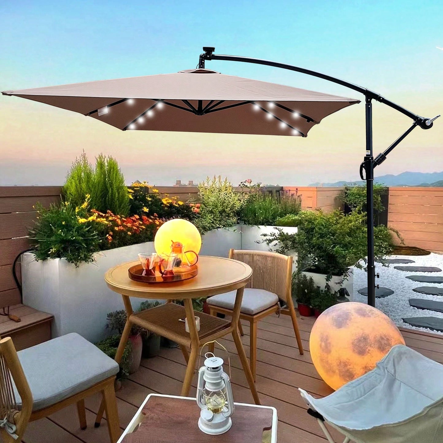 Solar Powered LED Outdoor Patio Umbrella with Crank and Cross Base Waterproof 6 Ribs for Garden Deck Pool Shade