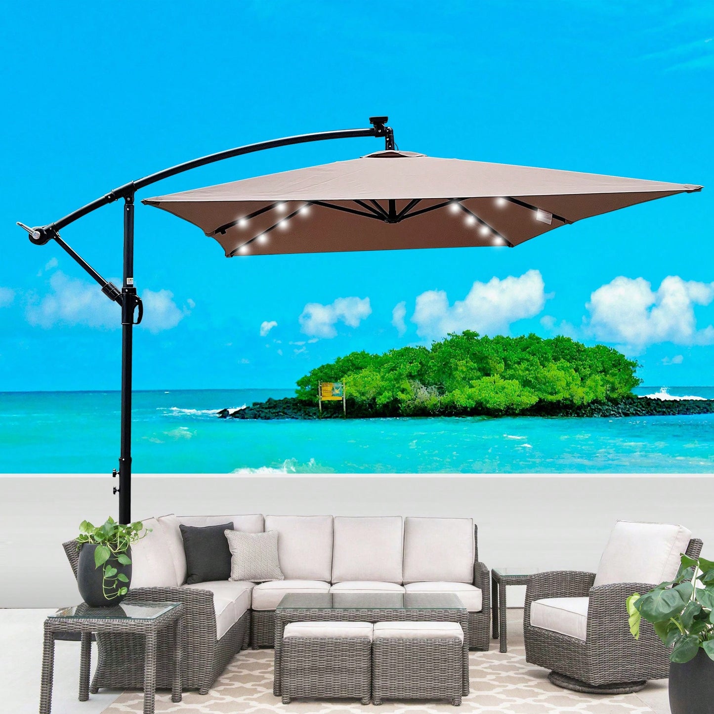 Solar Powered LED Outdoor Patio Umbrella with Crank and Cross Base Waterproof 6 Ribs for Garden Deck Pool Shade