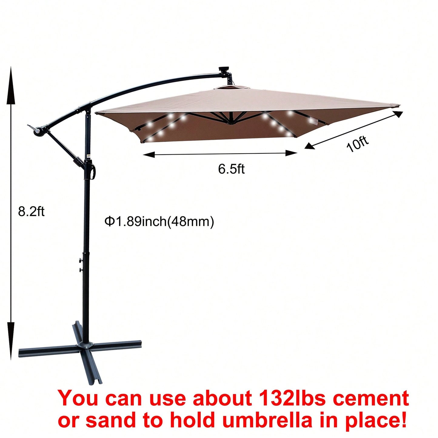 Solar Powered LED Outdoor Patio Umbrella with Crank and Cross Base Waterproof 6 Ribs for Garden Deck Pool Shade