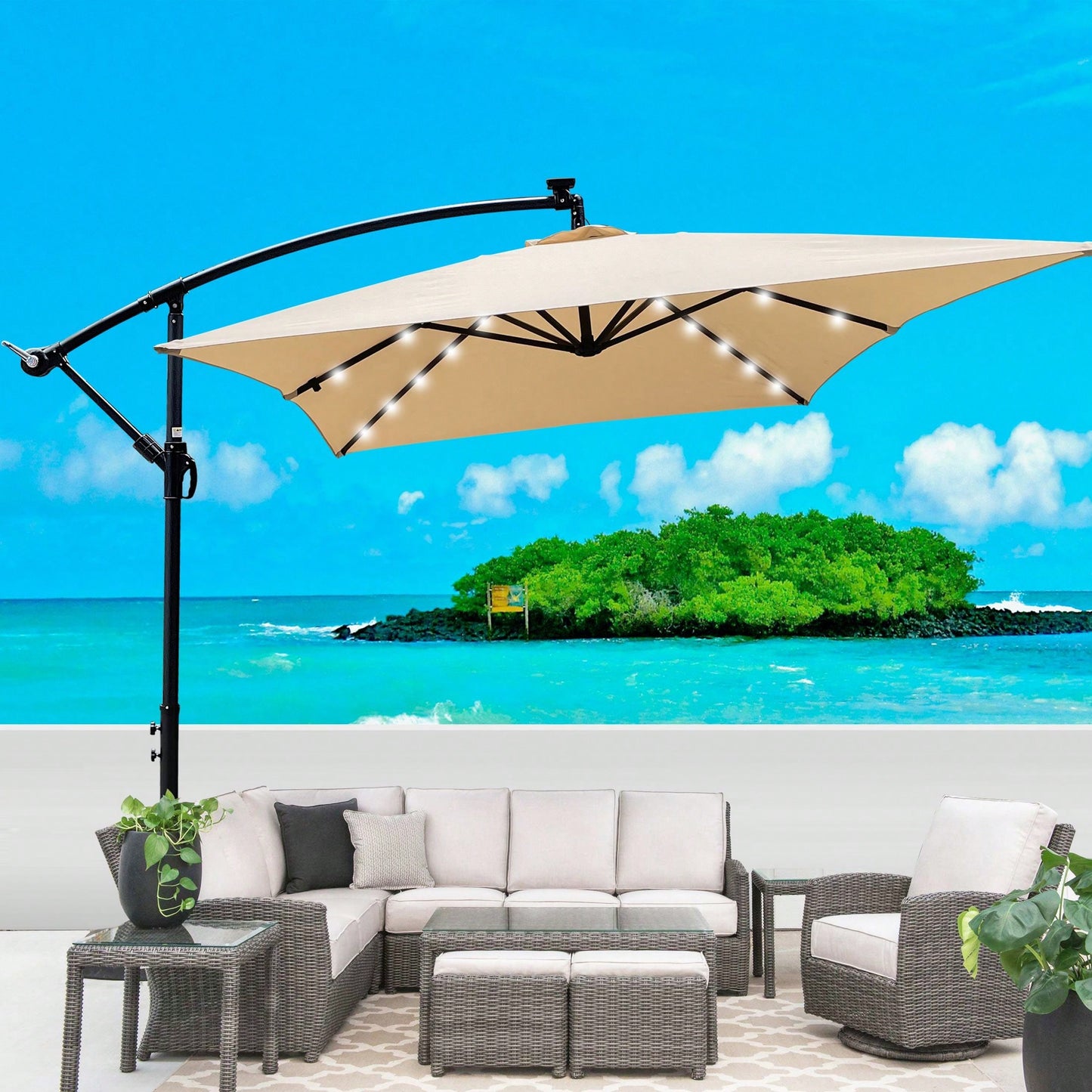 Solar Powered LED Outdoor Patio Umbrella with Crank and Cross Base Waterproof 6 Ribs for Garden Deck Pool Shade