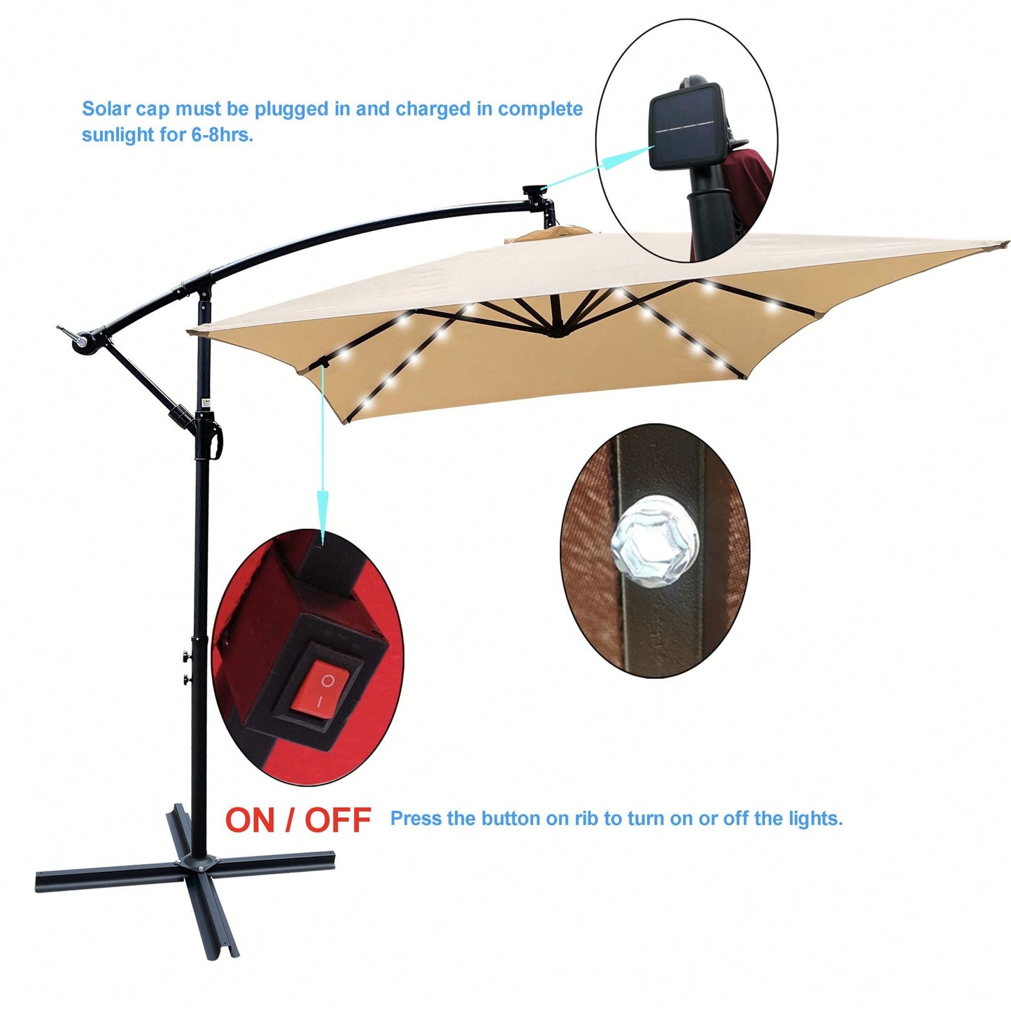 Solar Powered LED Outdoor Patio Umbrella with Crank and Cross Base Waterproof 6 Ribs for Garden Deck Pool Shade