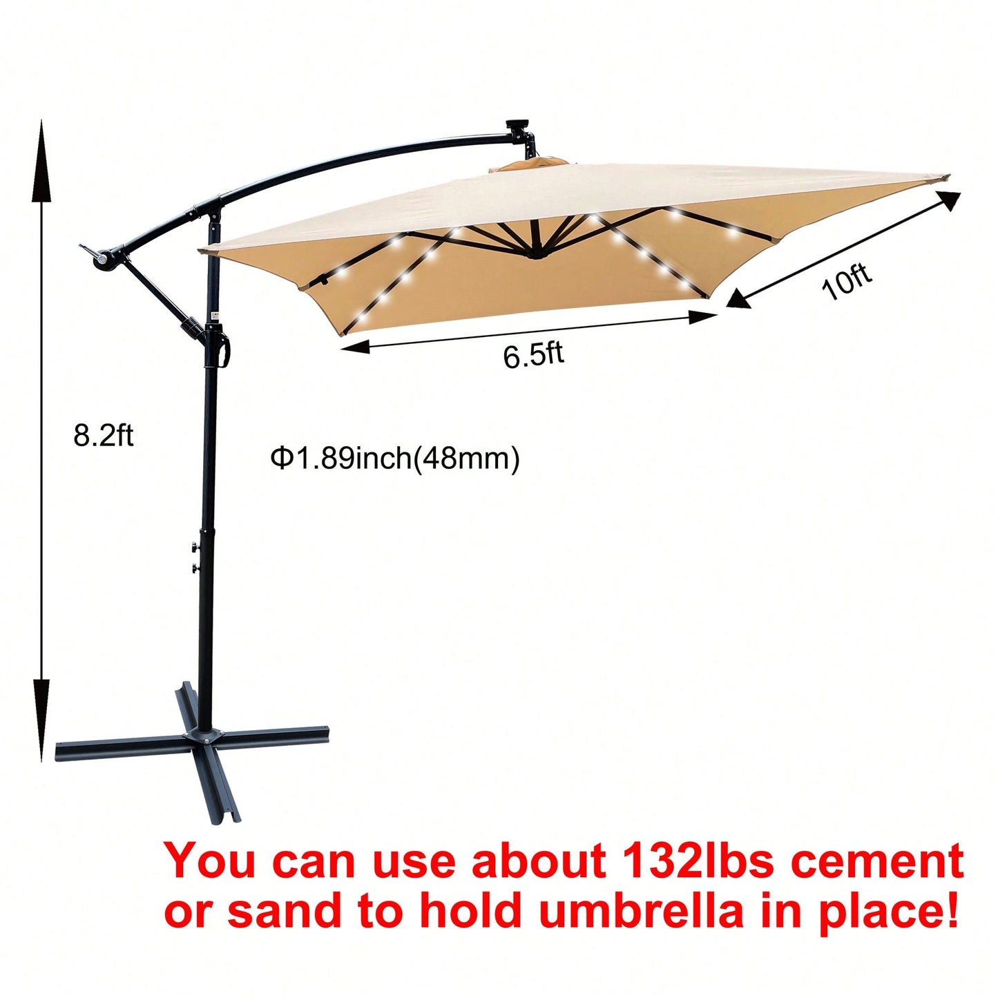 Solar Powered LED Outdoor Patio Umbrella with Crank and Cross Base Waterproof 6 Ribs for Garden Deck Pool Shade