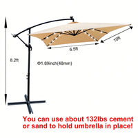 Solar Powered LED Outdoor Patio Umbrella with Crank and Cross Base Waterproof 6 Ribs for Garden Deck Pool Shade