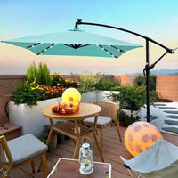 Solar Powered LED Outdoor Patio Umbrella with Crank and Cross Base Waterproof 6 Ribs for Garden Deck Pool Shade