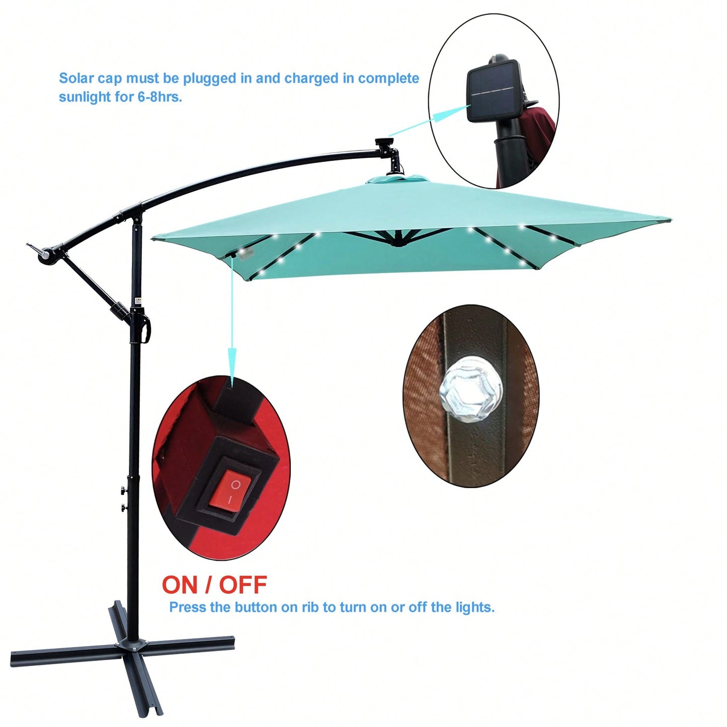 Solar Powered LED Outdoor Patio Umbrella with Crank and Cross Base Waterproof 6 Ribs for Garden Deck Pool Shade