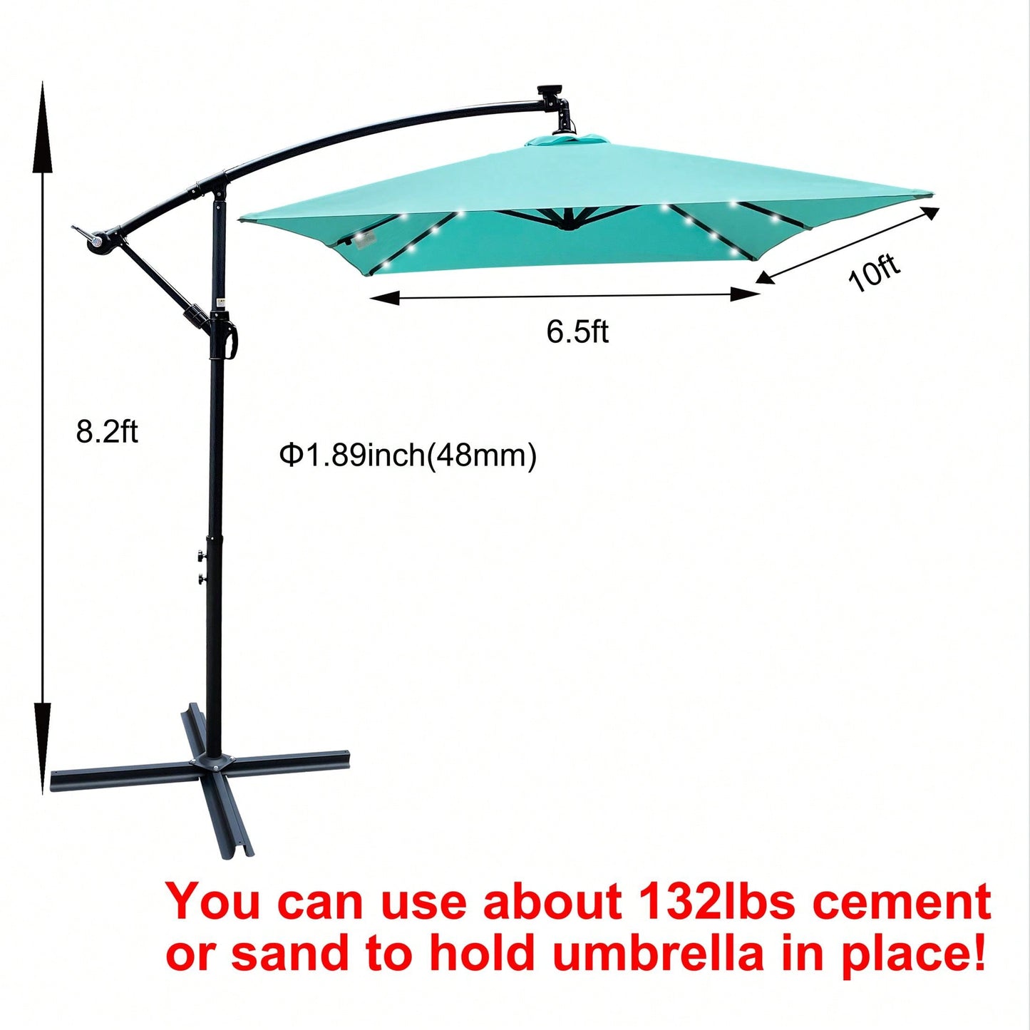 Solar Powered LED Outdoor Patio Umbrella with Crank and Cross Base Waterproof 6 Ribs for Garden Deck Pool Shade