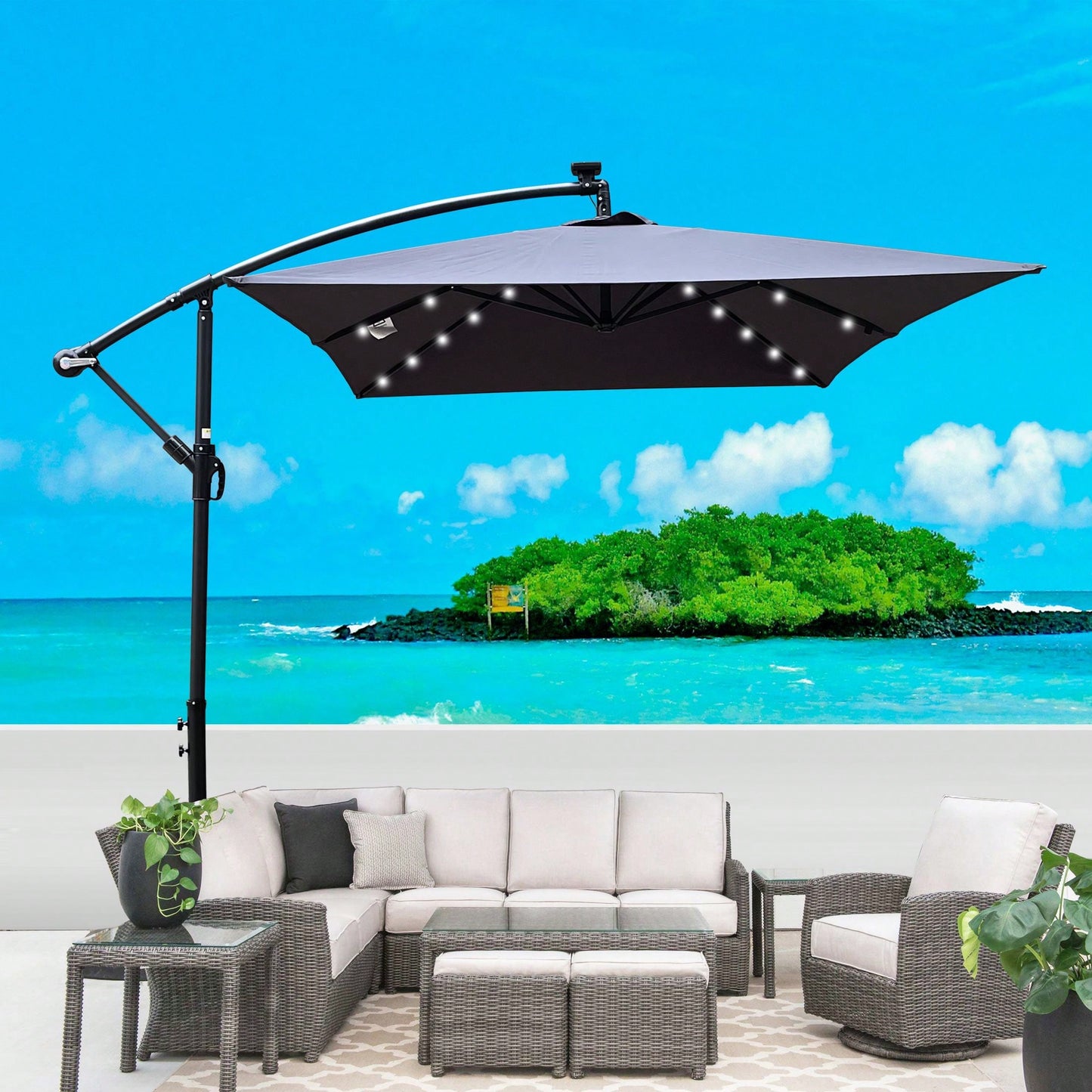 Solar Powered LED Outdoor Patio Umbrella with Crank and Cross Base Waterproof 6 Ribs for Garden Deck Pool Shade