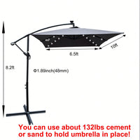 Solar Powered LED Outdoor Patio Umbrella with Crank and Cross Base Waterproof 6 Ribs for Garden Deck Pool Shade