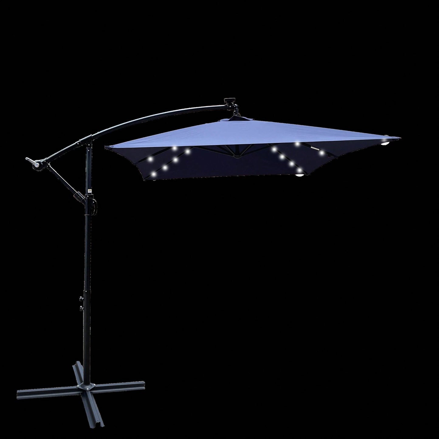 Solar Powered LED Outdoor Patio Umbrella with Crank and Cross Base Waterproof 6 Ribs for Garden Deck Pool Shade