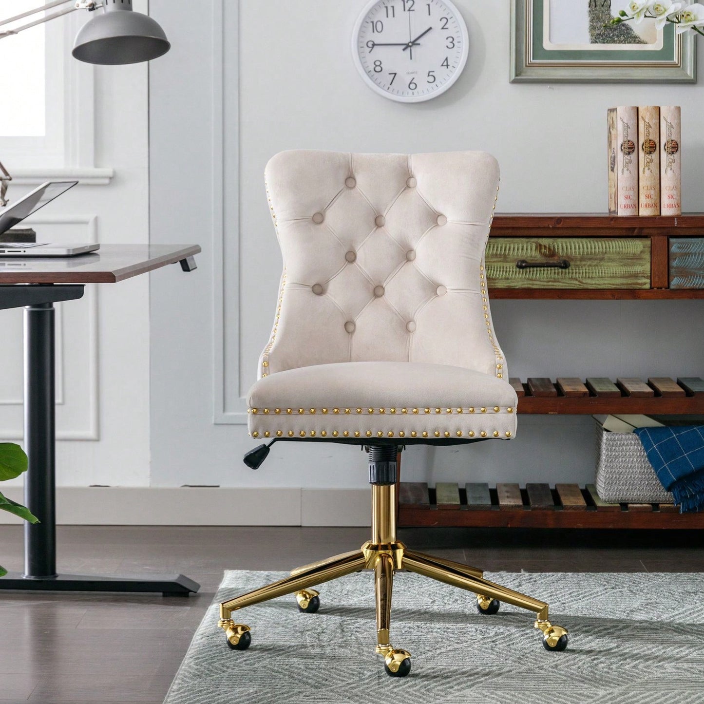 Premium Spring Cushioned Adjustable Desk Chair With Hand-Pulled Buttons And Golden Metal Base