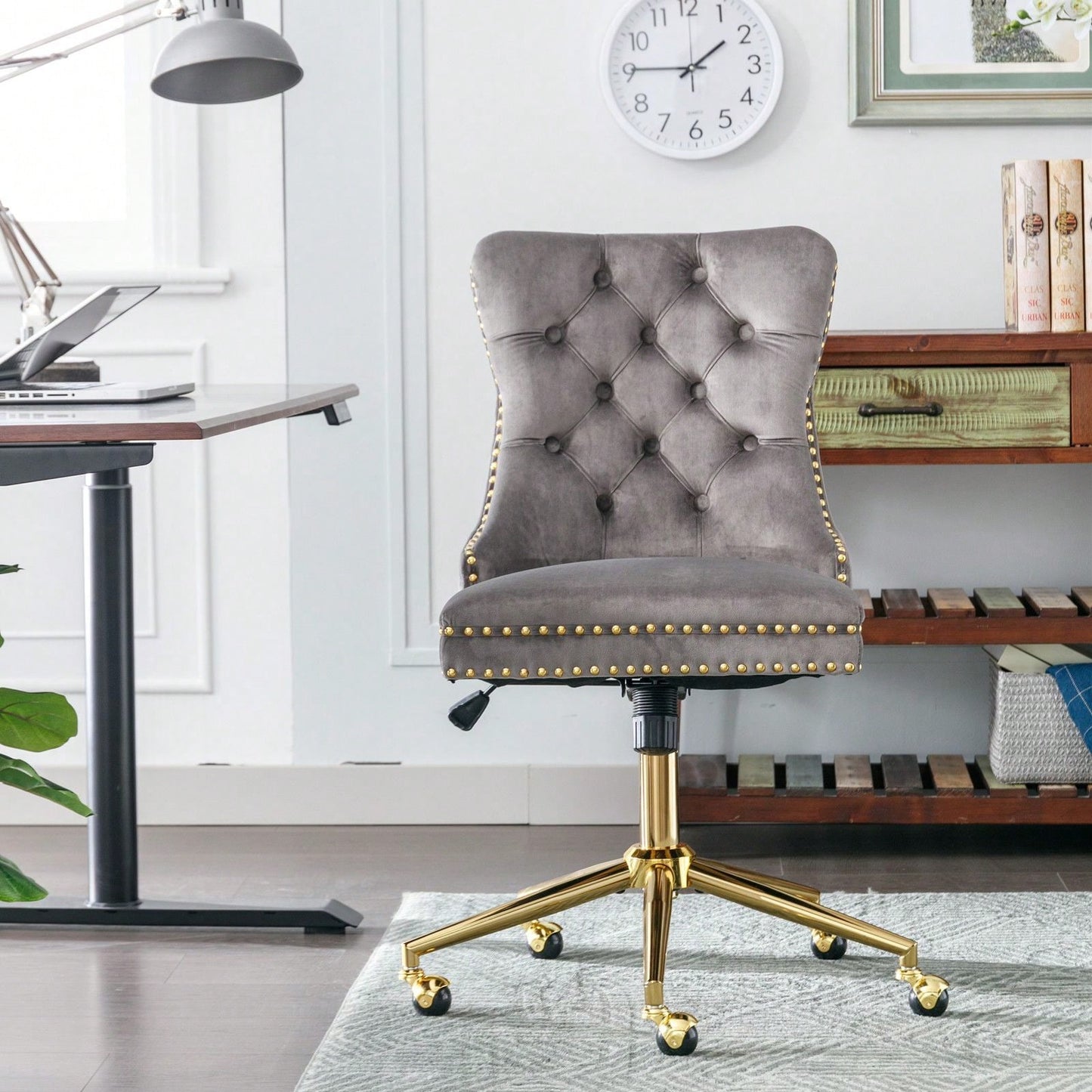 Premium Spring Cushioned Adjustable Desk Chair With Hand-Pulled Buttons And Golden Metal Base