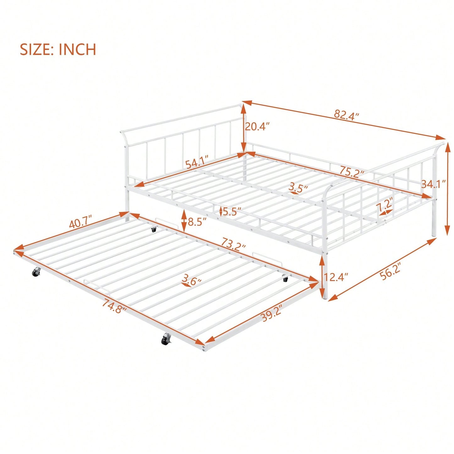 Full Size Metal Daybed With Curved Handle Design And Twin Size Trundle