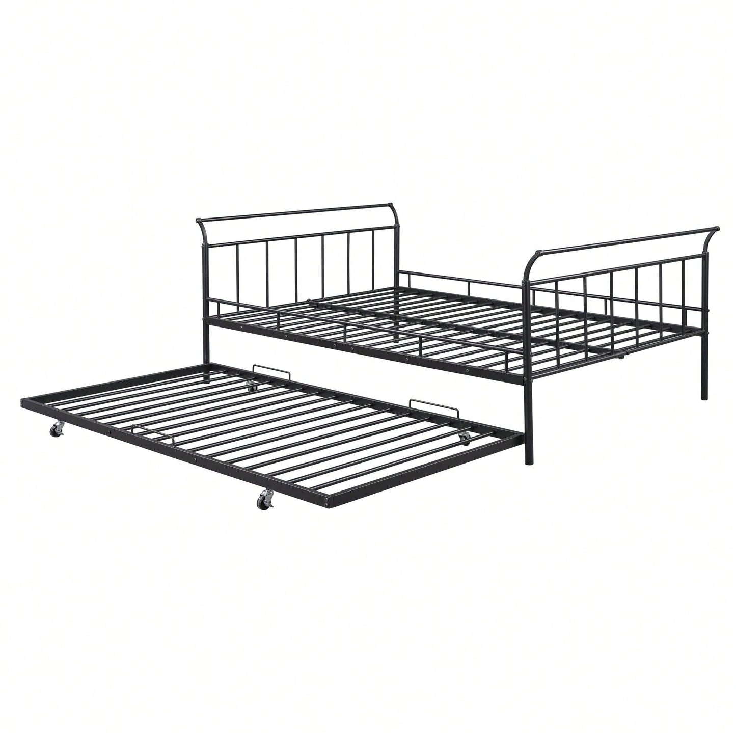 Full Size Metal Daybed With Curved Handle Design And Twin Size Trundle