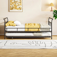 Full Size Metal Daybed With Curved Handle Design And Twin Size Trundle