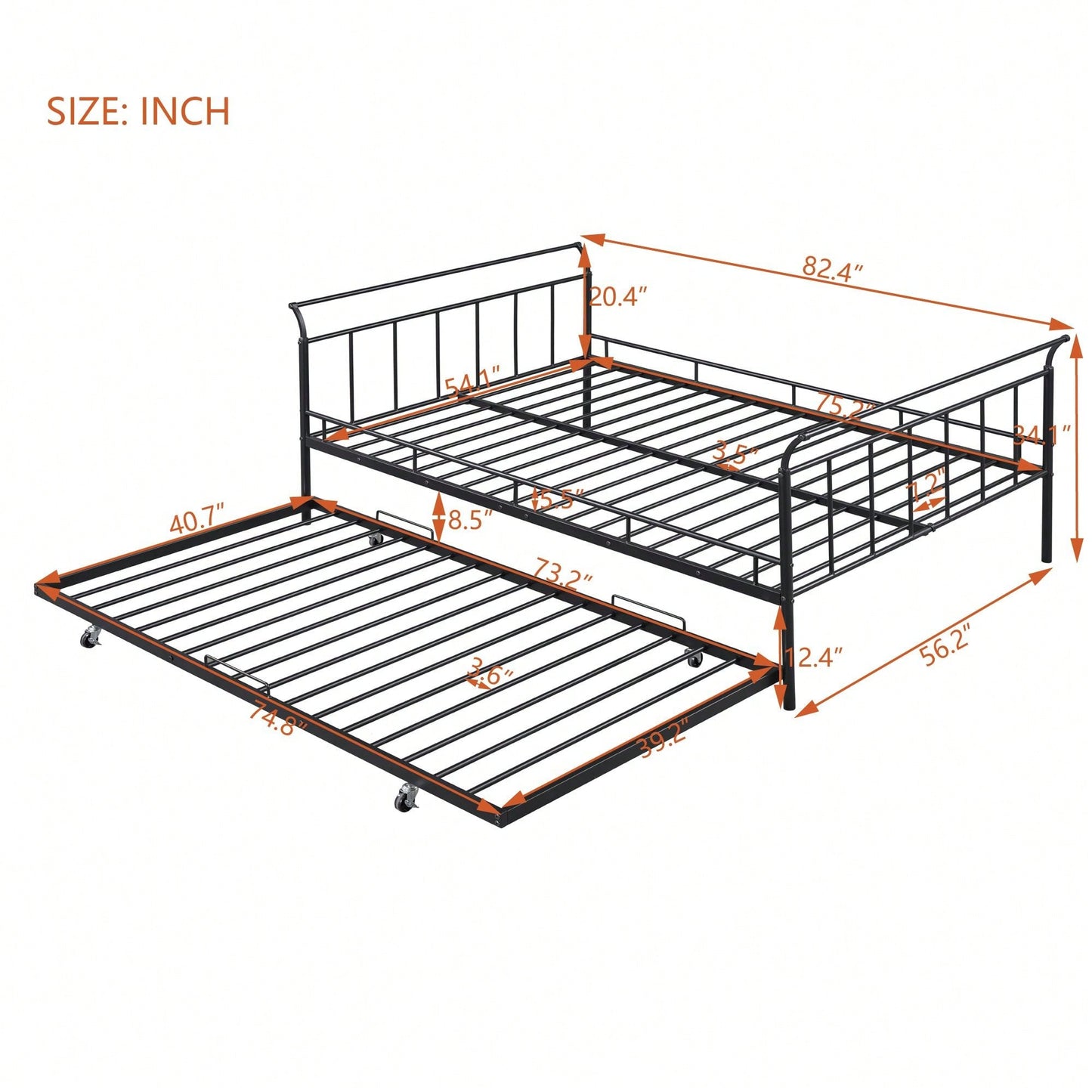 Full Size Metal Daybed With Curved Handle Design And Twin Size Trundle