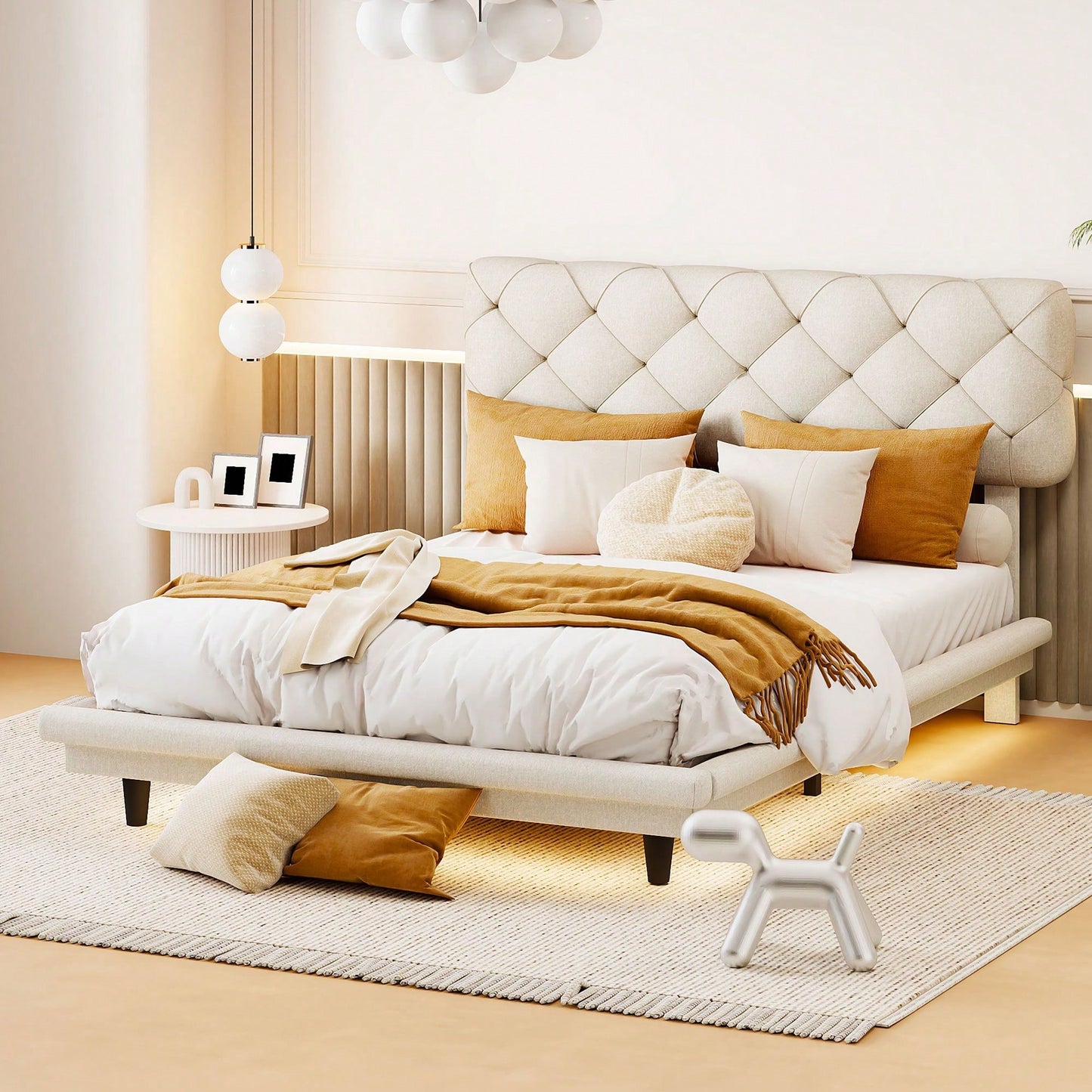 Upholstered Bed With Light Stripe, Floating Platform Bed, Linen Fabric