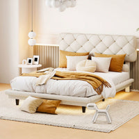 Upholstered Bed With Light Stripe, Floating Platform Bed, Linen Fabric