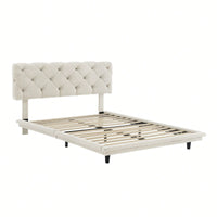 Upholstered Bed With Light Stripe, Floating Platform Bed, Linen Fabric