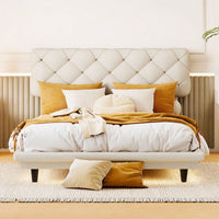 Upholstered Bed With Light Stripe, Floating Platform Bed, Linen Fabric