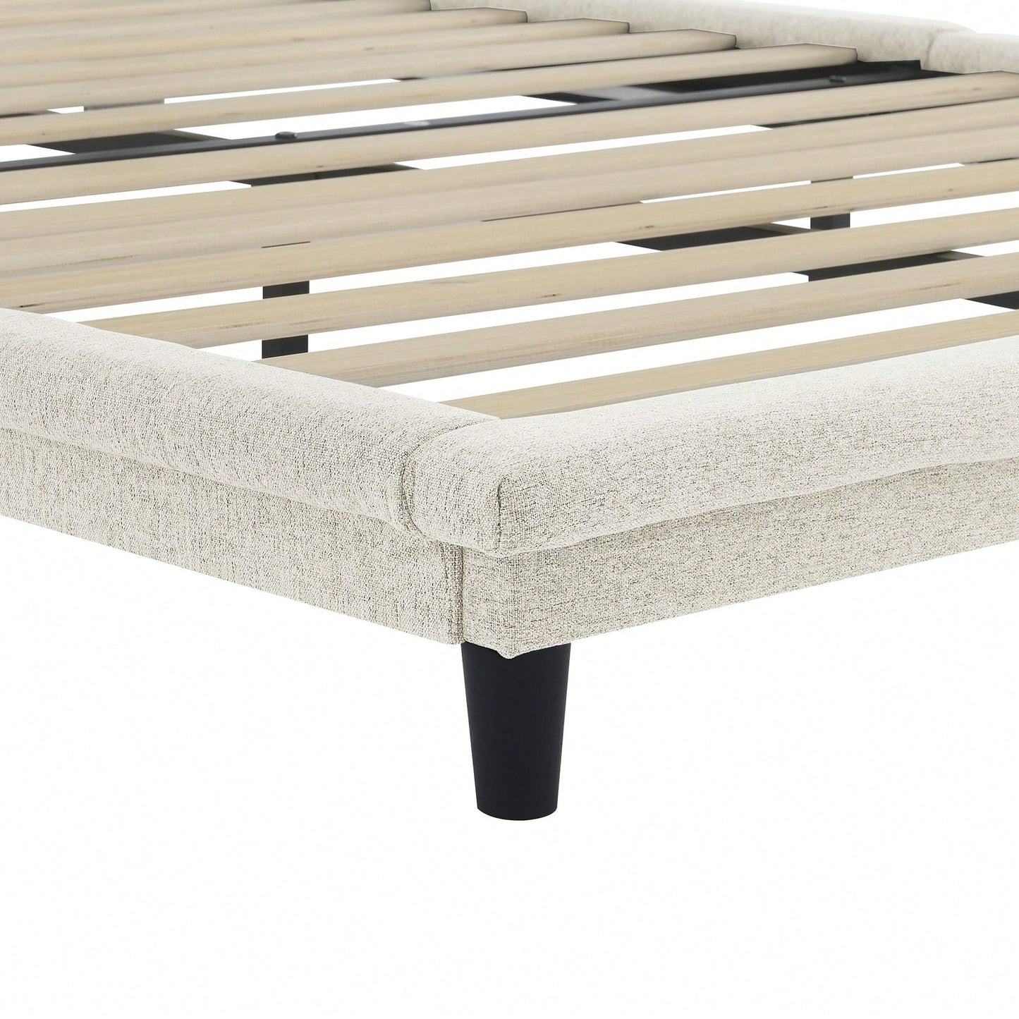 Upholstered Bed With Light Stripe, Floating Platform Bed, Linen Fabric