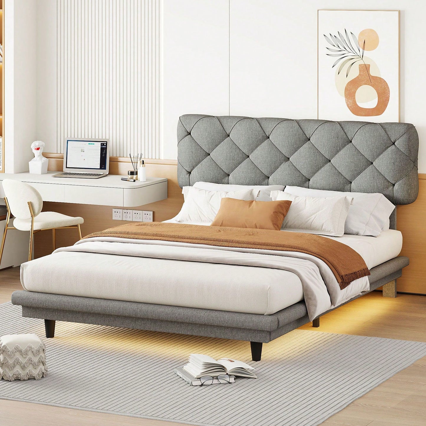 Upholstered Bed With Light Stripe, Floating Platform Bed, Linen Fabric