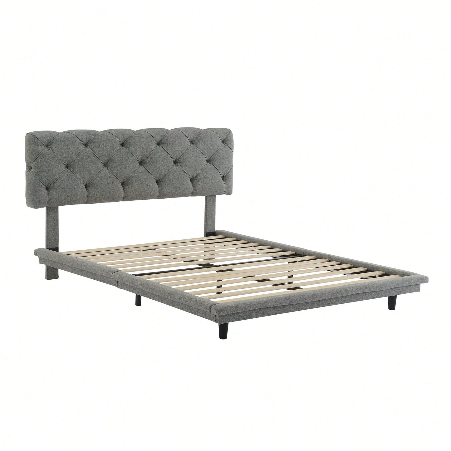 Upholstered Bed With Light Stripe, Floating Platform Bed, Linen Fabric