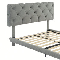 Upholstered Bed With Light Stripe, Floating Platform Bed, Linen Fabric