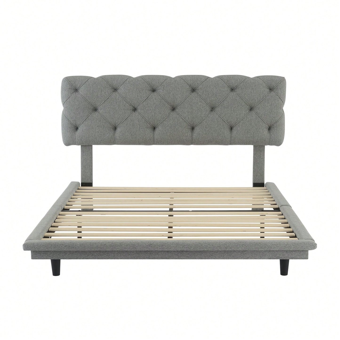 Upholstered Bed With Light Stripe, Floating Platform Bed, Linen Fabric