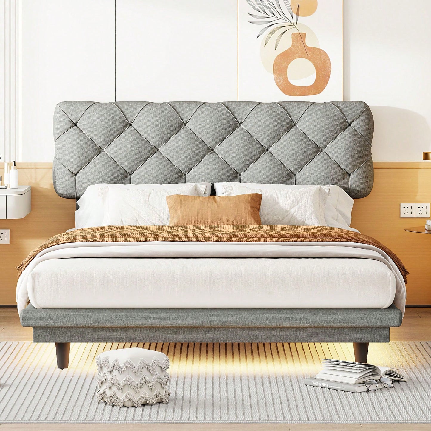 Upholstered Bed With Light Stripe, Floating Platform Bed, Linen Fabric