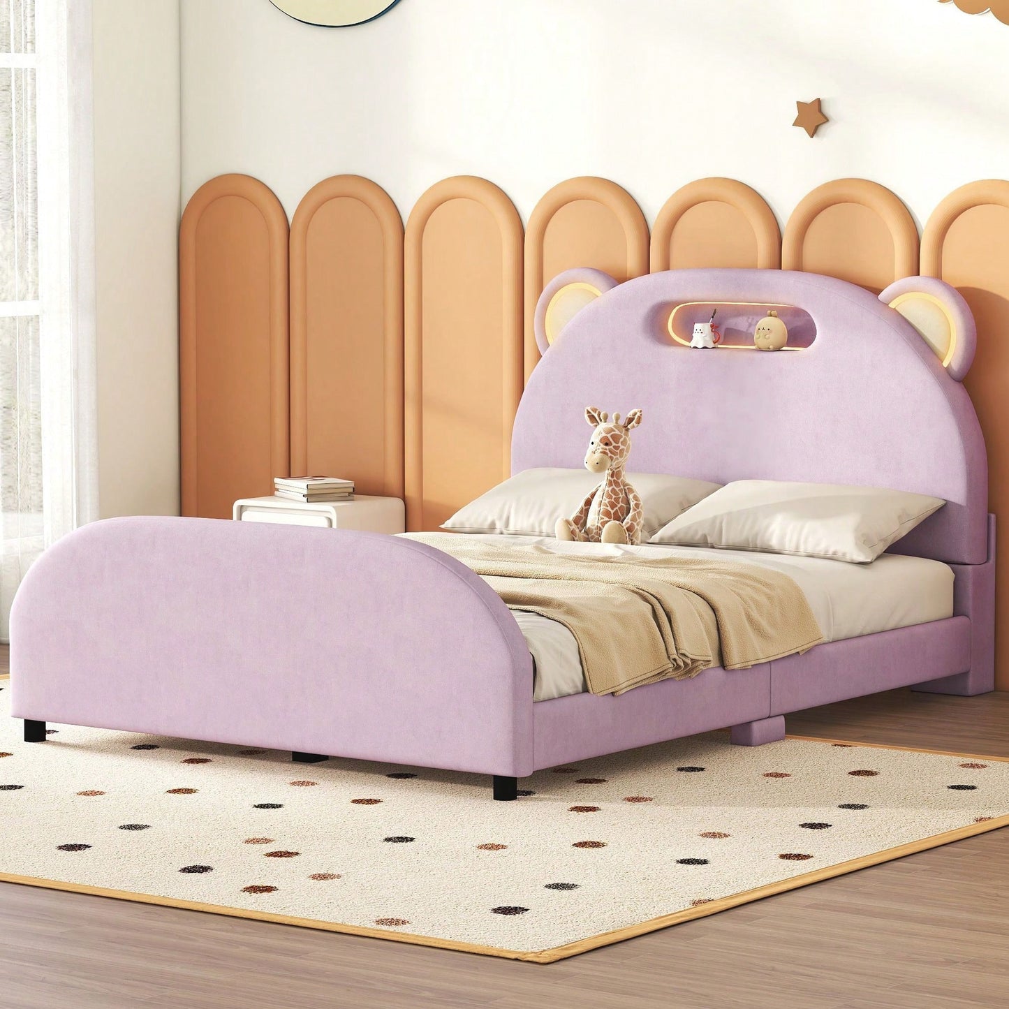 Upholstered Platform Bed With Bear-Shaped Headboard And Embedded Light Stripe, Velvet